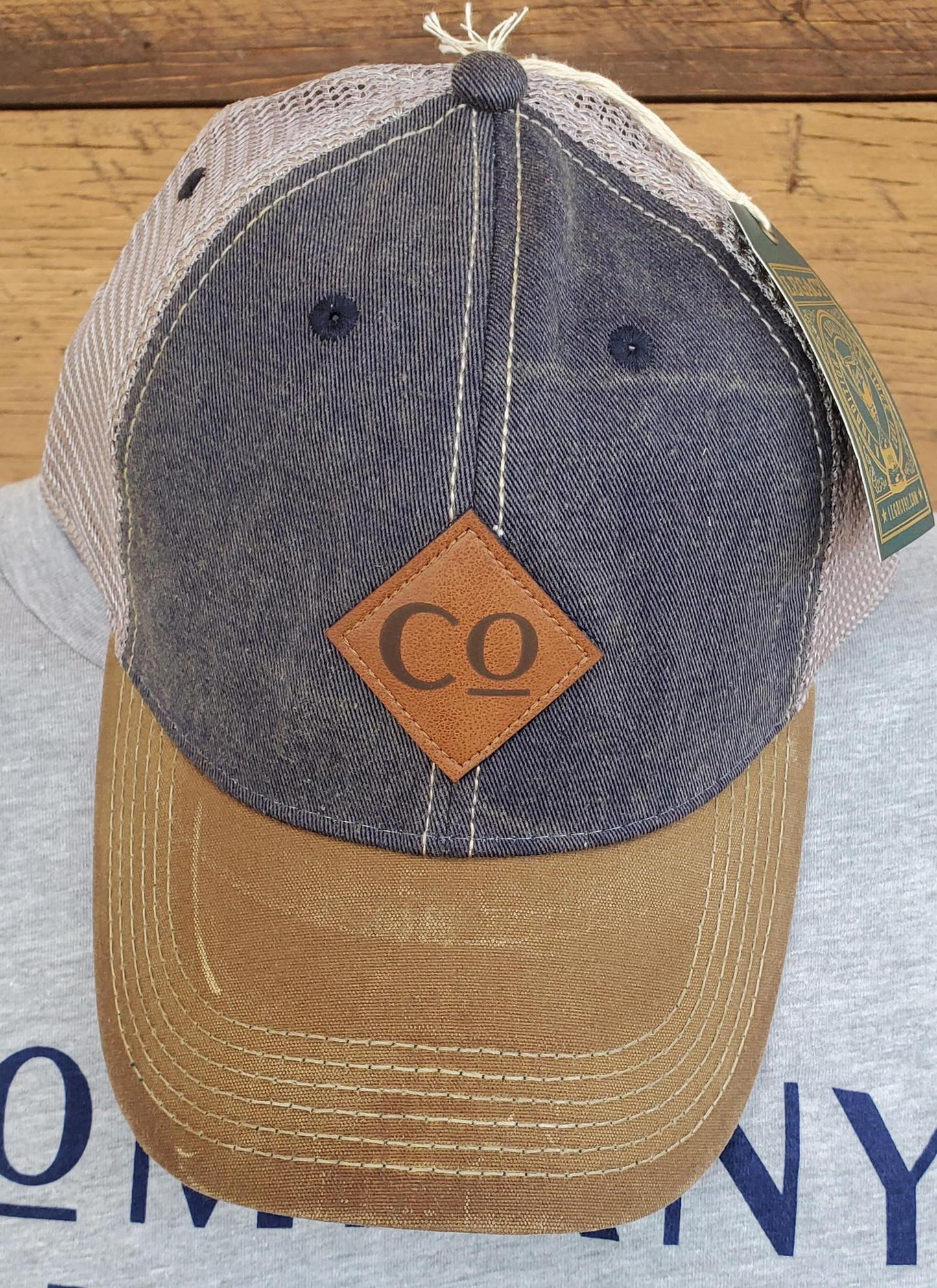 Trucker Hat - Denim Blue/Tan Bill/Silver Mesh w Leather Diamond