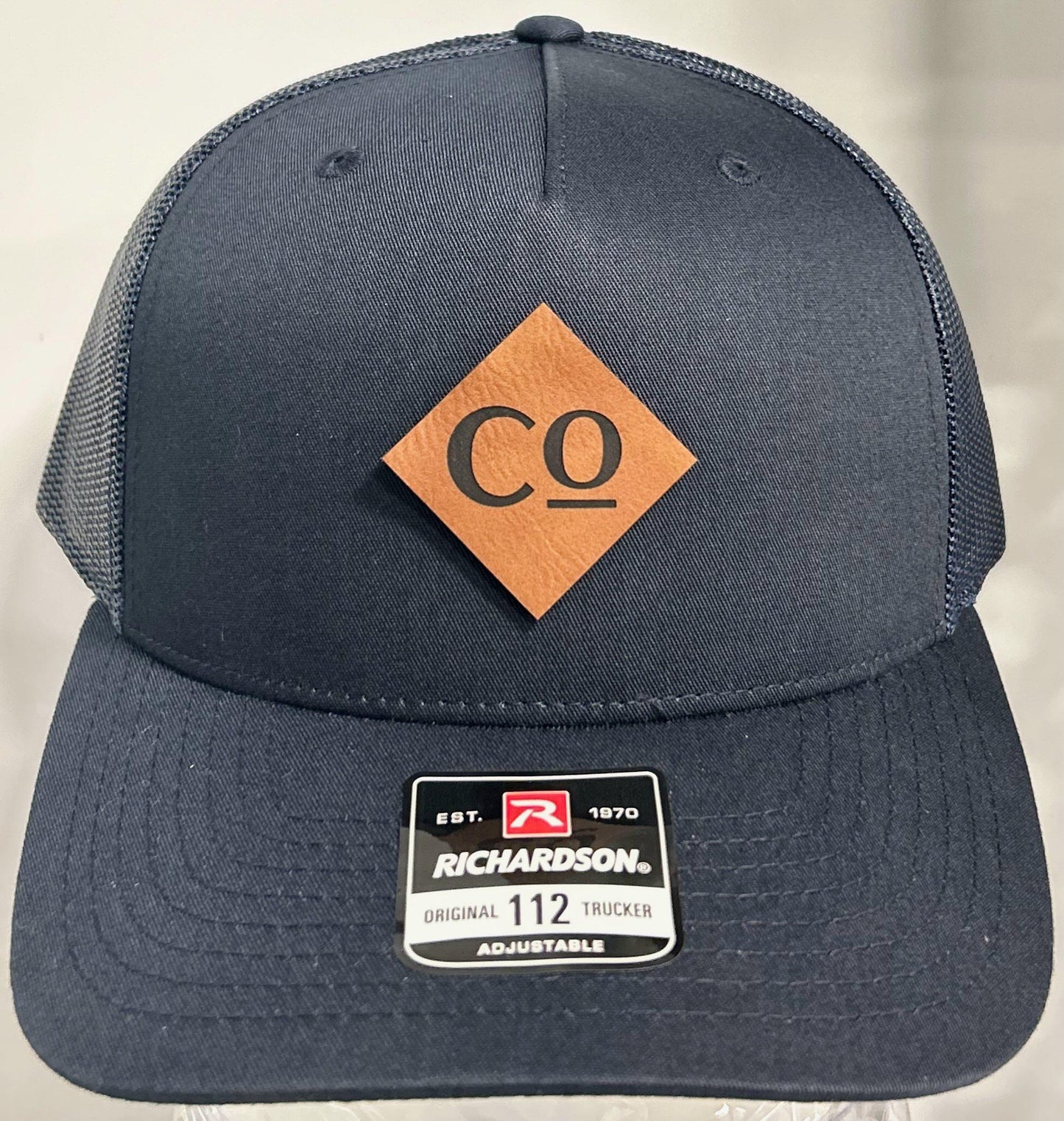 Richardson 112FP Trucker Hat Navy w Leather Diamond